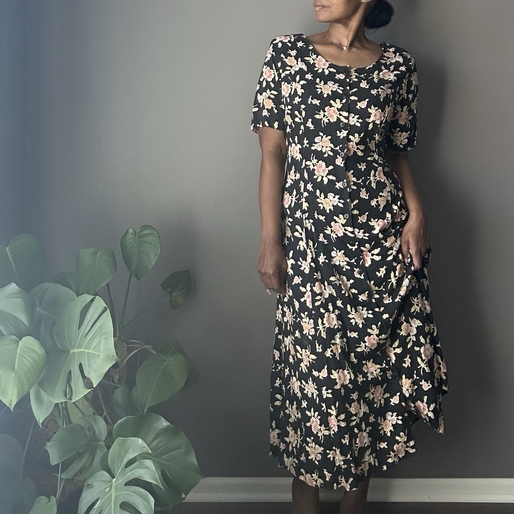 Vintage Ship N Shore Button Down Maxi Dress Womens 14 Black Floral Tie Back 90s - Picture 2 of 14